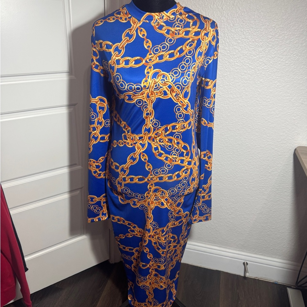 SHEIN Blue and Gold Chain Pattern Dress